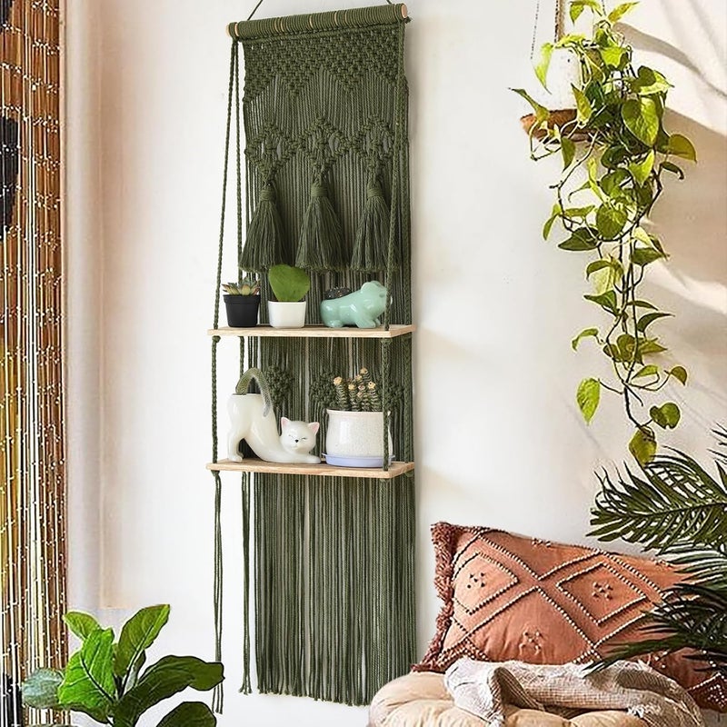 Flber Hanging Shelf Macrame Wall Hanging Green Boho Shelfs with Tassels 2 Tier Floating for Plants Bedroom Dorm Living Room Wall Decor Rustic Wooden Organizer(Wood) - Image 2